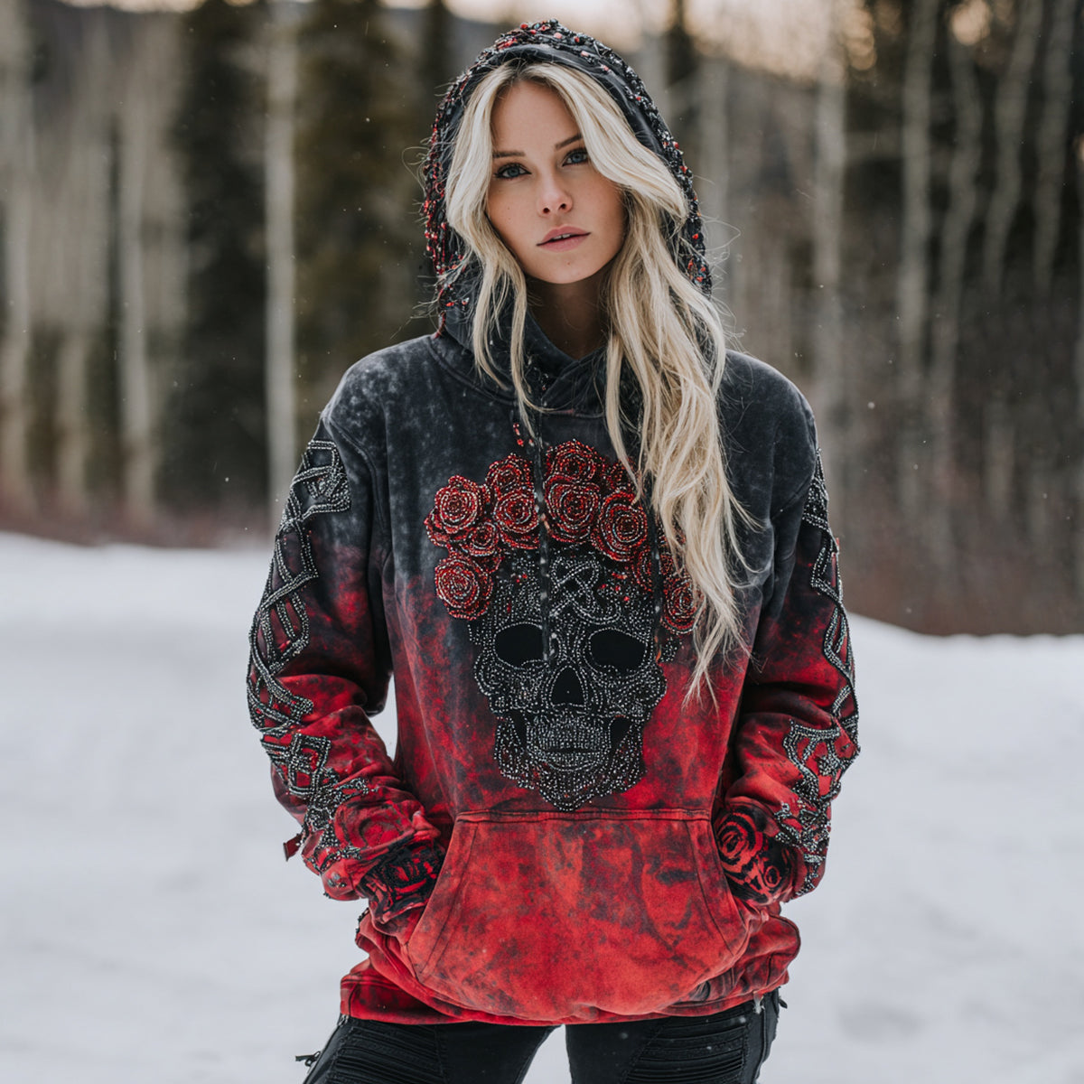 Women's Vintage  Viking Tribal Skull Flower Gradien Art Cozy Hoodie