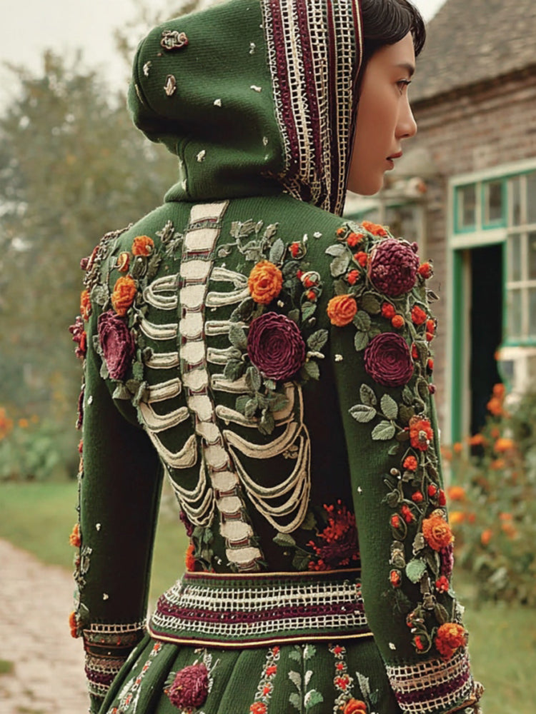 Vintage Halloween Anatomy Chunky And Floral Knitted Hooded Sweater
