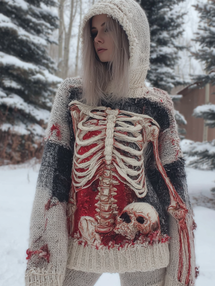 Lady's Halloween Gothic Style Skull Skeleton Pattern Knitted Sweater