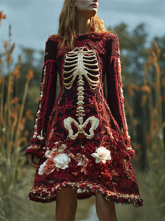 Retro Halloween Skeleton Floral Distressed Embroidery Women's Knit Dress