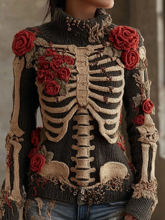 Women's Vintage Red Rose Skeleton Art Cozy Knit Turtleneck Sweater