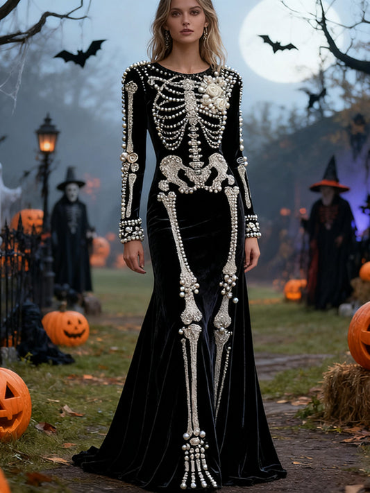 Women's Halloween Skull Floral Velvet Crew Neck Maxi Dress