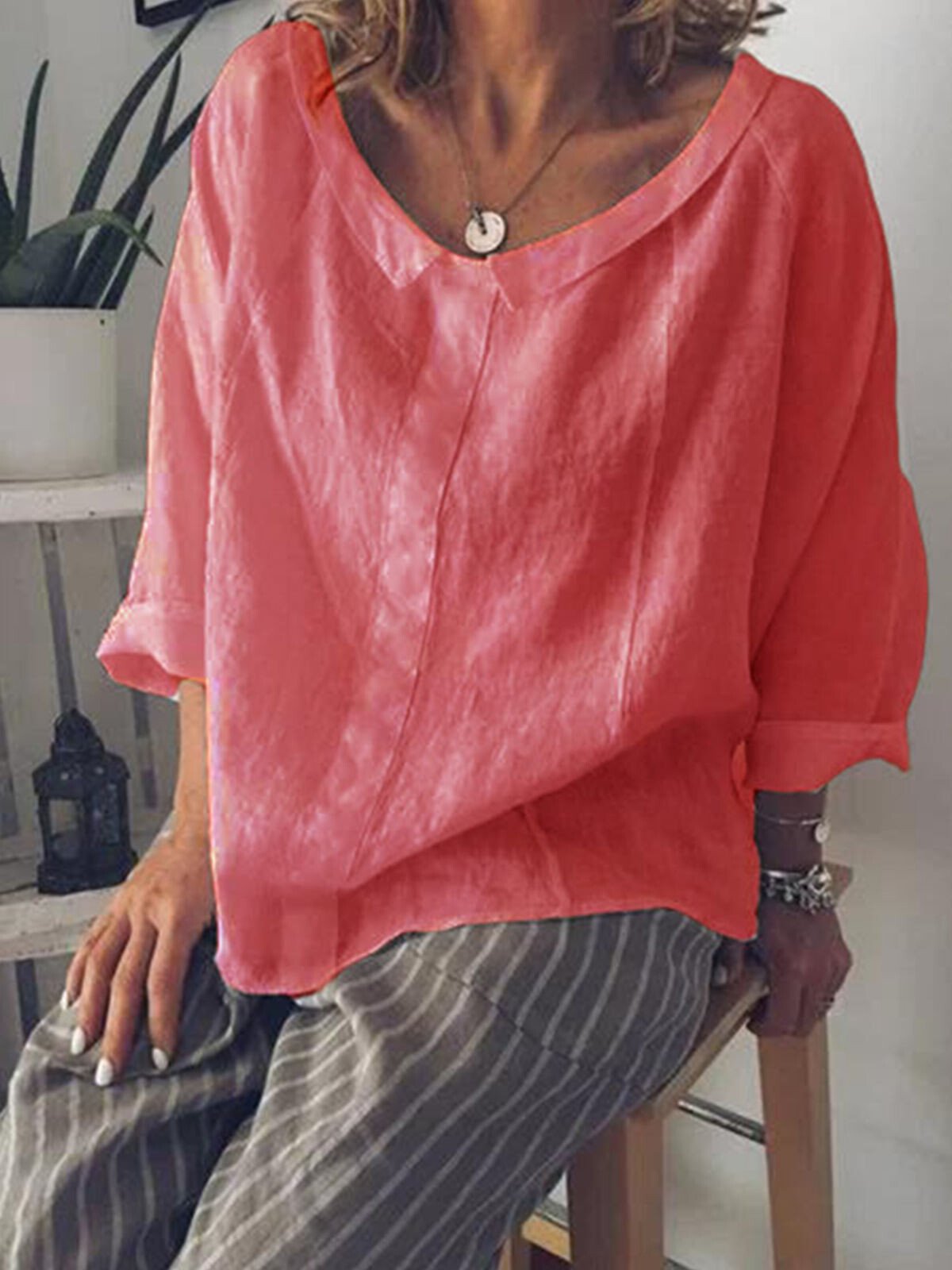 Airrys™ Women's Solid Color Small Lapel Pullover Cotton Linen Shirt