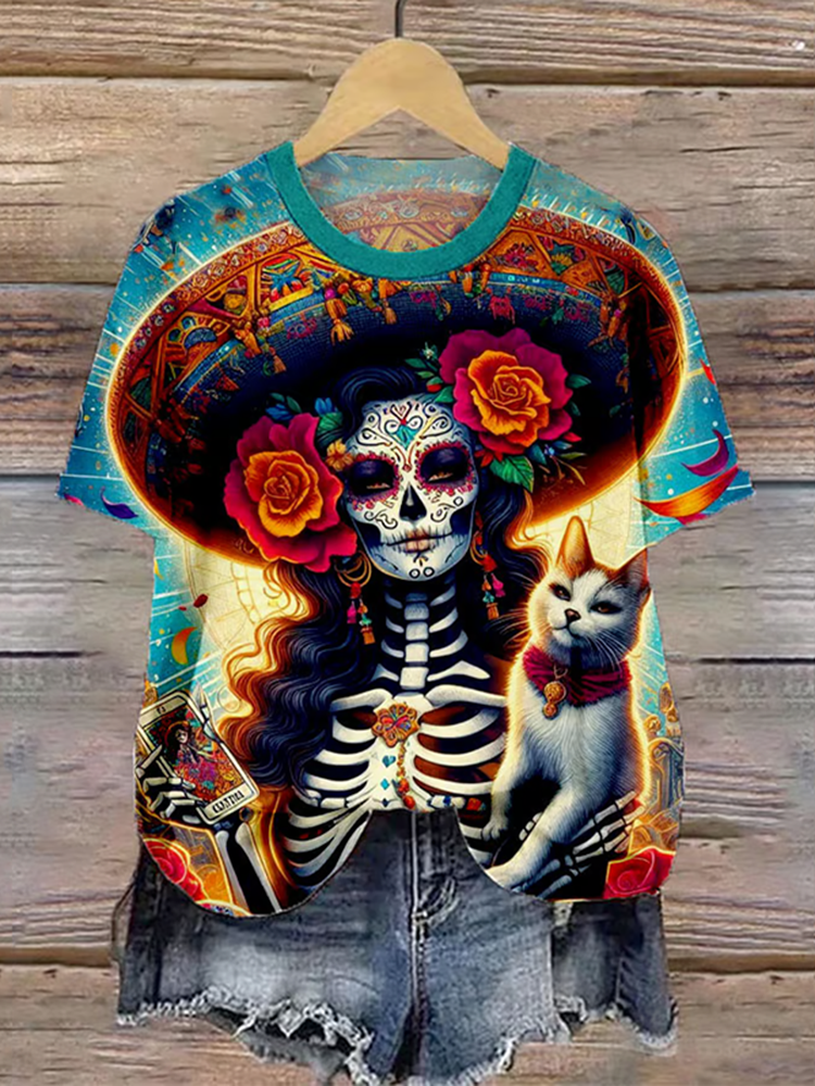 Mexican La Catrina With Cat Day Of The Dead Art Pattern Print Cotton Graphic T-Shirt