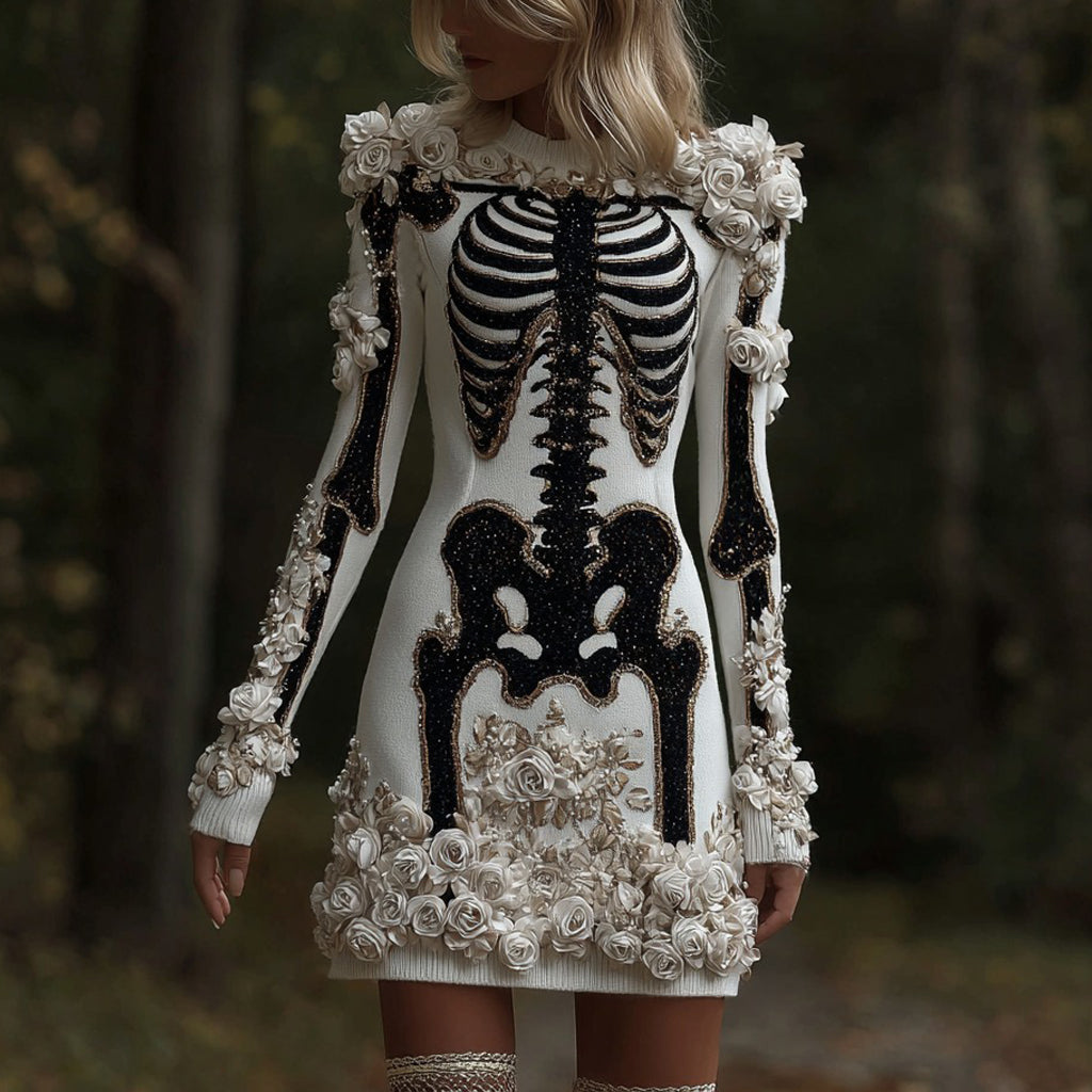 Classy Skull And Roses Art Cozy Knit Sweater Dress