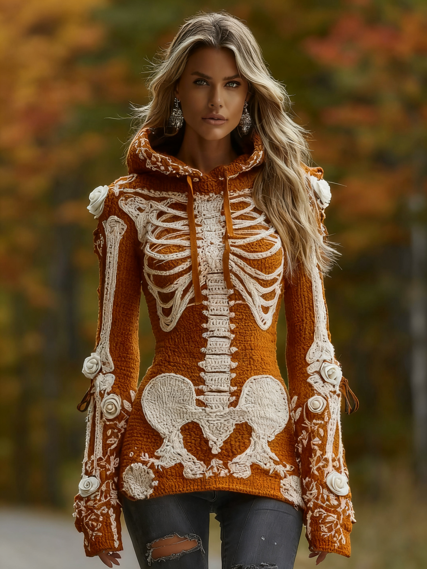 Women's Halloween Skeleton Bones With Roses Art Knitted Warm Hooded Sweater
