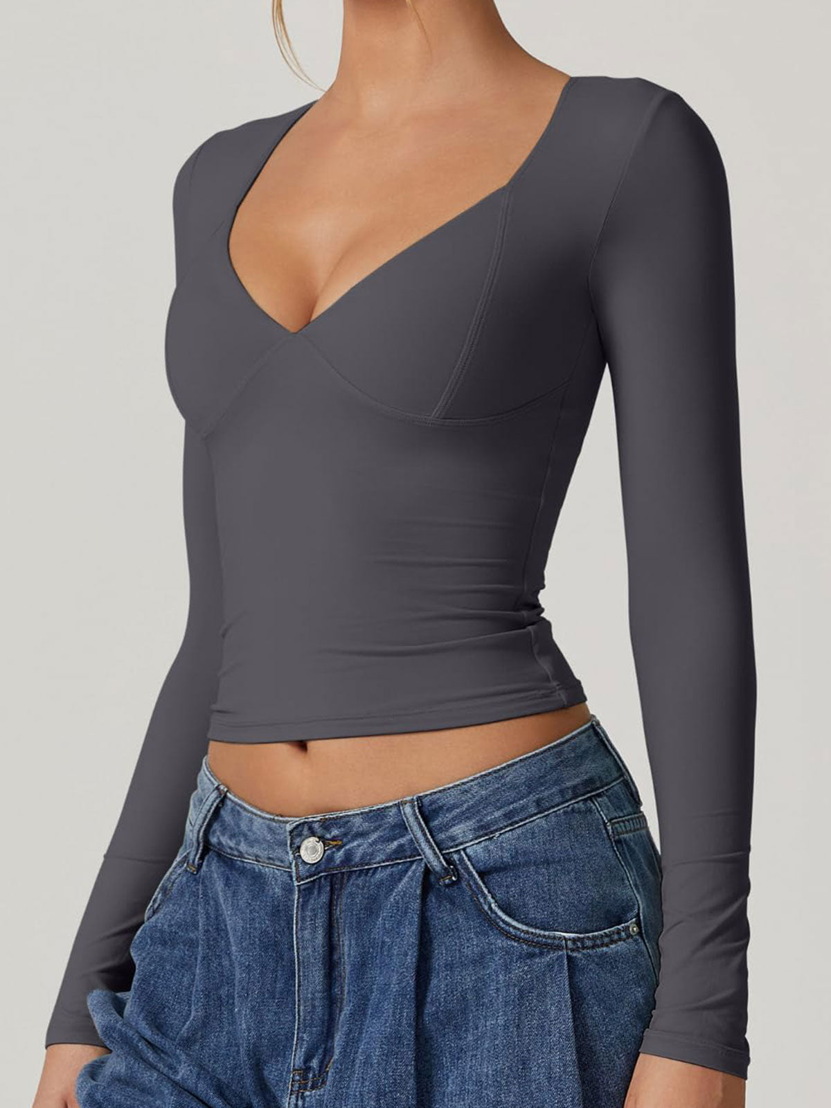 Long Sleeve V Neck T Shirts Double Lined Crop Top Seamed Cup Going Out Tops