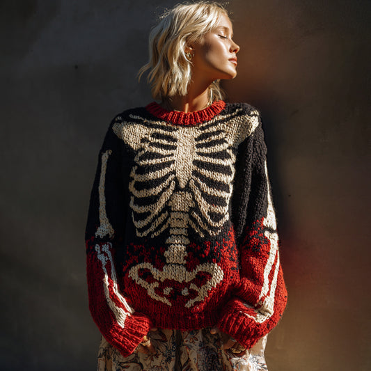 Vintage Halloween Skeleton Bones Art Chunky Knitted Sweater