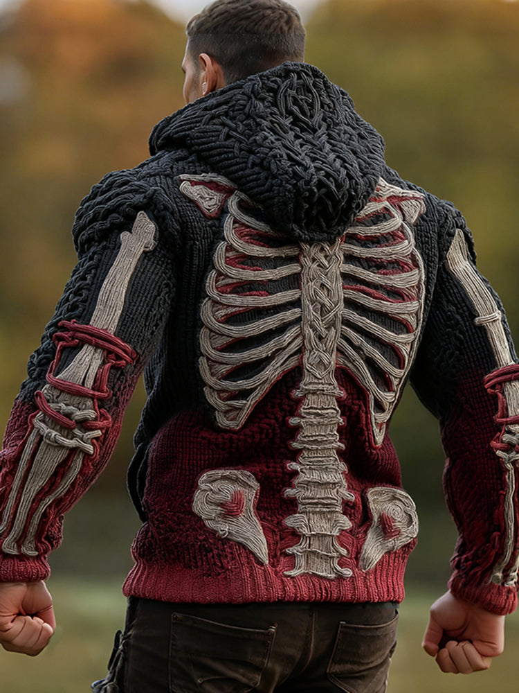 Halloween Scary Skeleton Human Anatomy Celtic Gradient Knit Zipper Up Hooded Cardigan