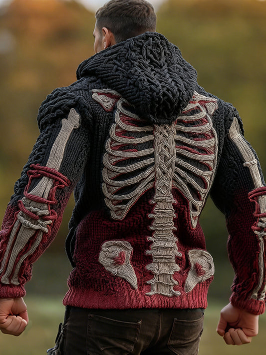 Halloween Scary Skeleton Human Anatomy Celtic Gradient Knit Zipper Up Hooded Cardigan