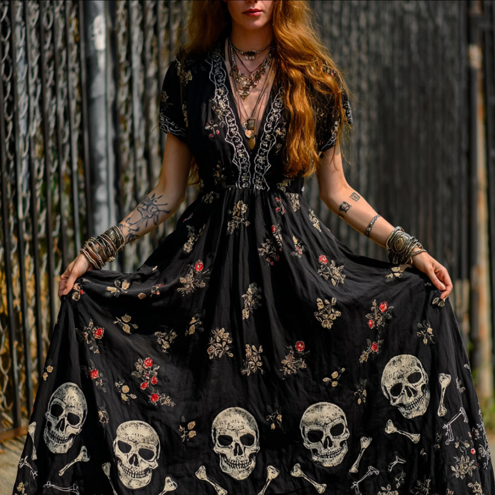 Ladies' Vintage V-neck Long Dress With Skull And Flower Print