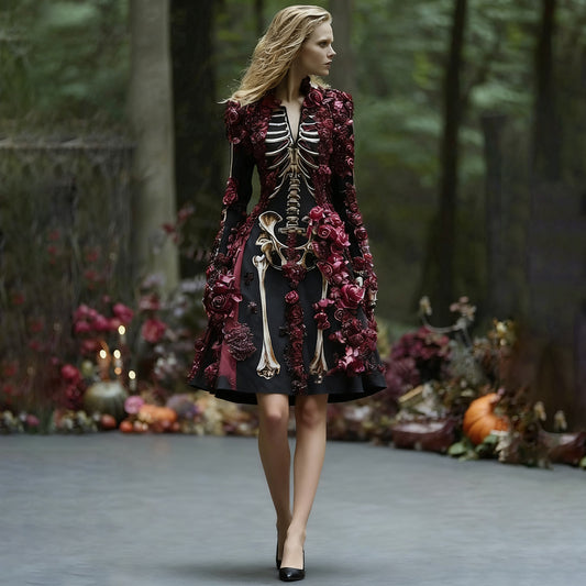 Women's Elegant Retro Skeleton Flower Pattern V-neck Long Sleeve Midi Dress