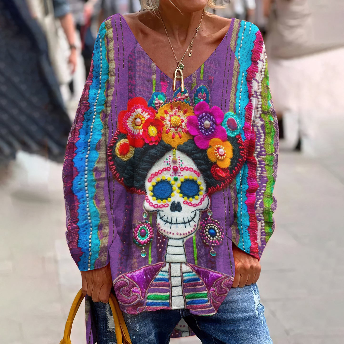 Classy Mexican Sugar Skeleton Catrina Day Of The Dead Inspired Pattern Art Printed V-Neck T-Shirt