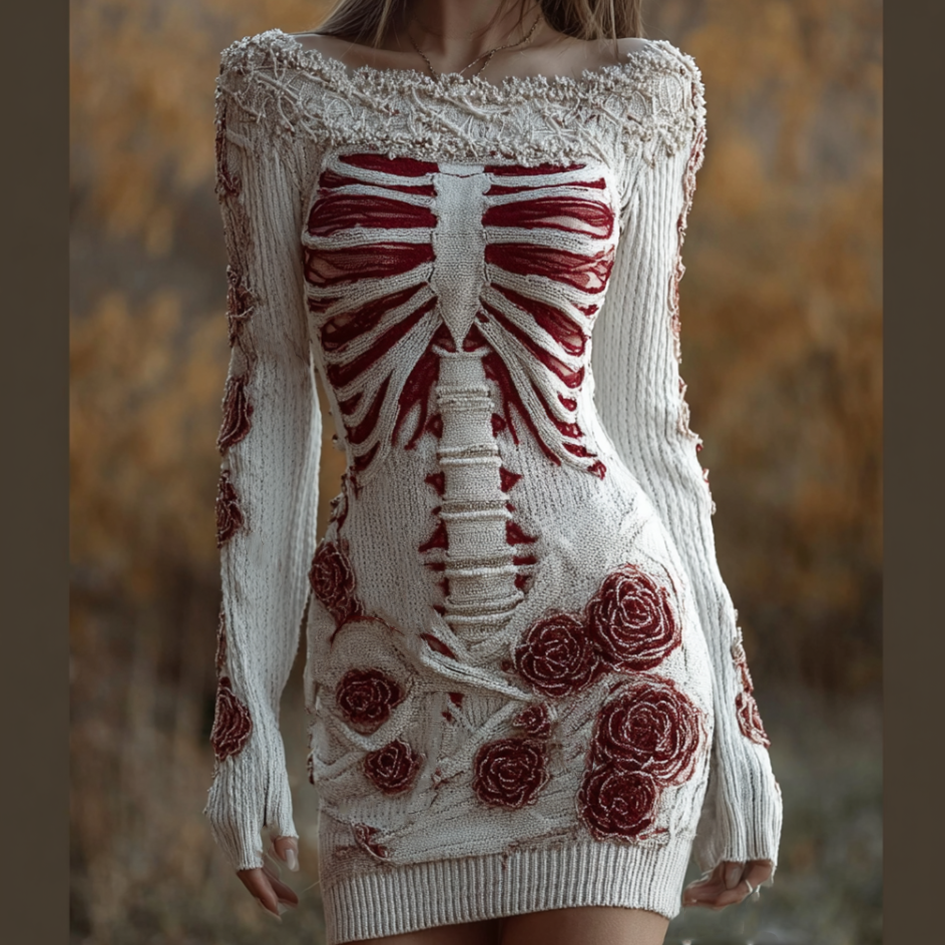 Ladies' Halloween Line Art Dark Style Knit Sweater Dress