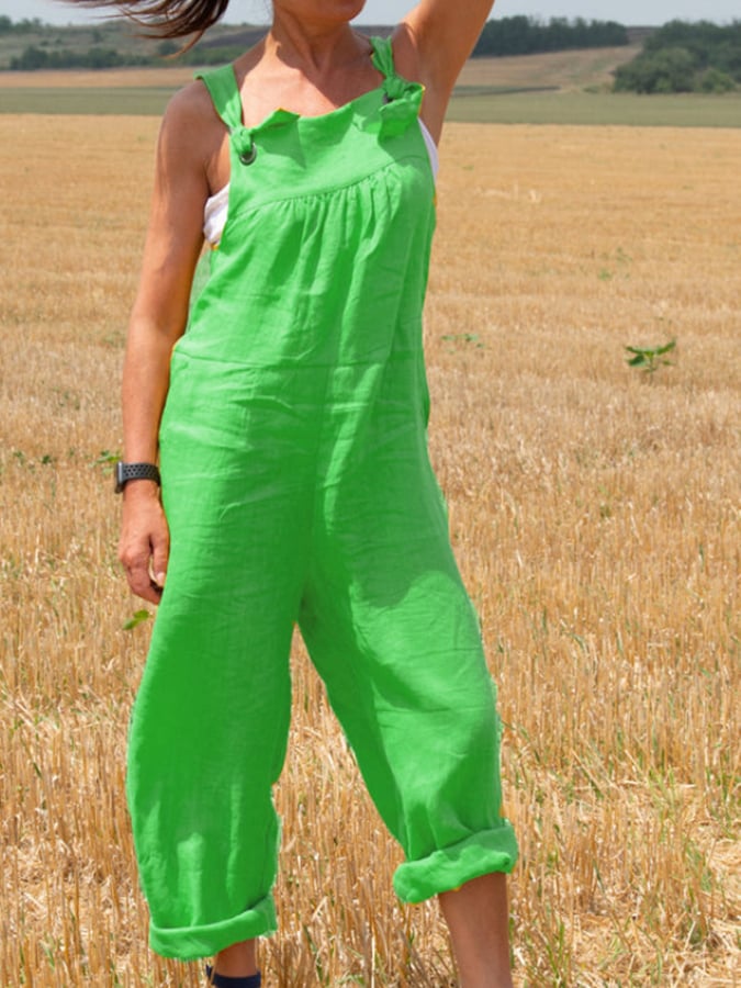 Solid Loose Cotton Linen Strap Jumpsuit