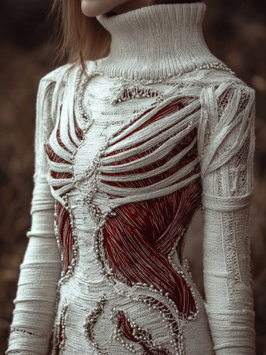 Halloween Bloody Skeleton Anatomy Beaded Cozy Knit Turtleneck Sweater