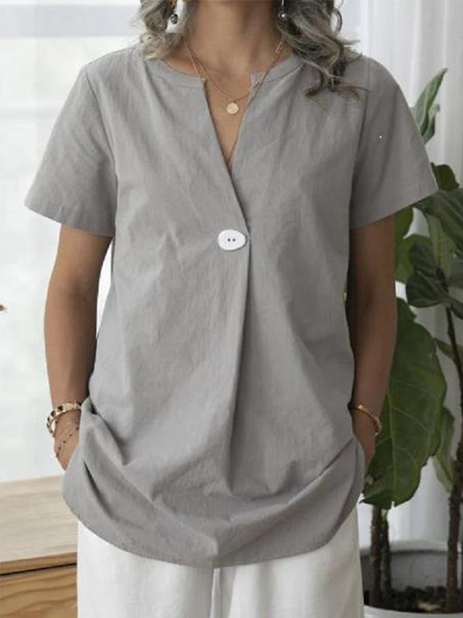 Women's Cotton Linen V Neck Button Shirt