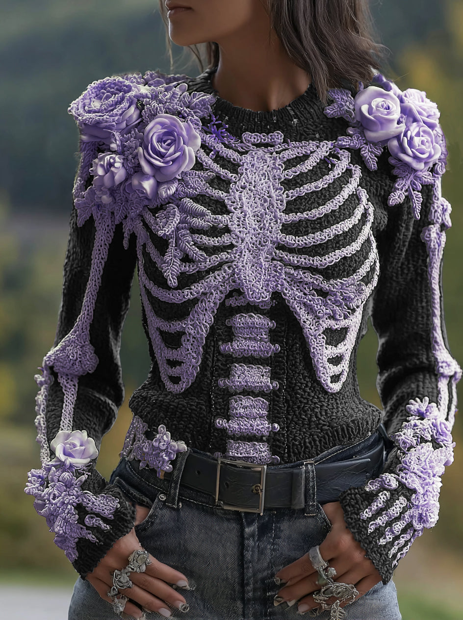 Women's Halloween Skeleton Bones With Roses Art Knitted Warm Sweater
