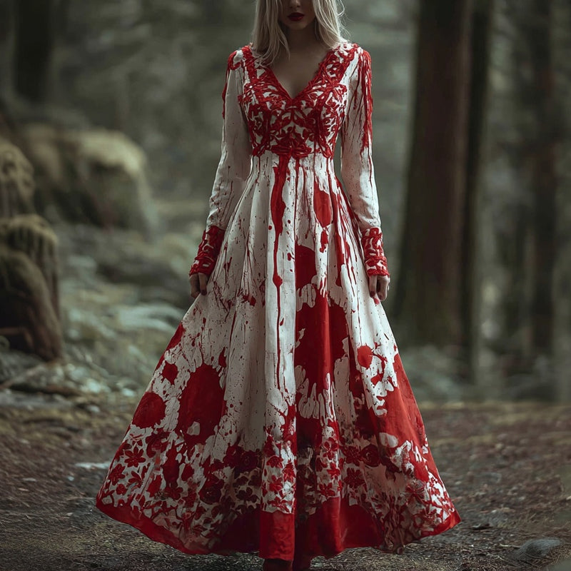 Halloween Blood Stain Inspired Lace Embroidered Linen Maxi Dress