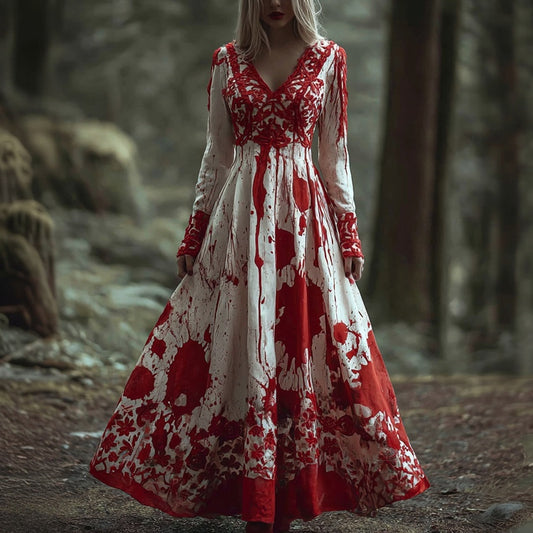 Halloween Blood Stain Inspired Lace Embroidered Linen Maxi Dress