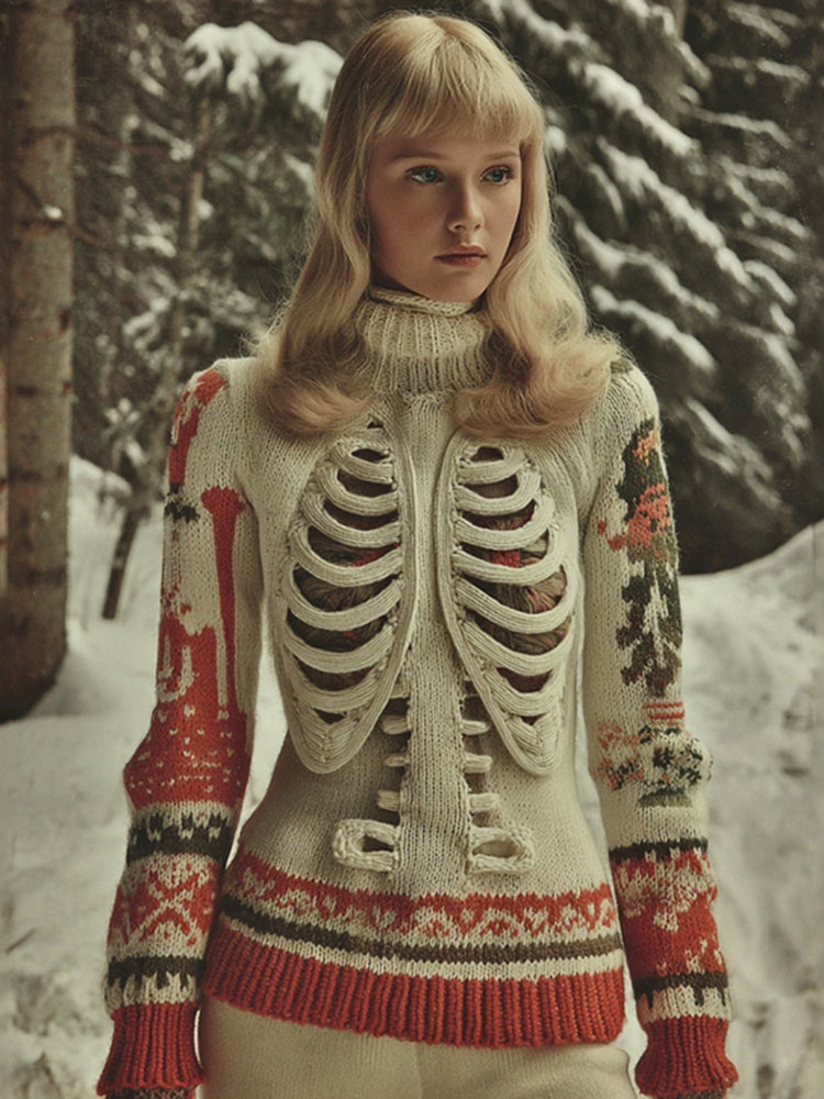 Women's Vintage Tribal Skeleton Art Cozy High Neck Sweater