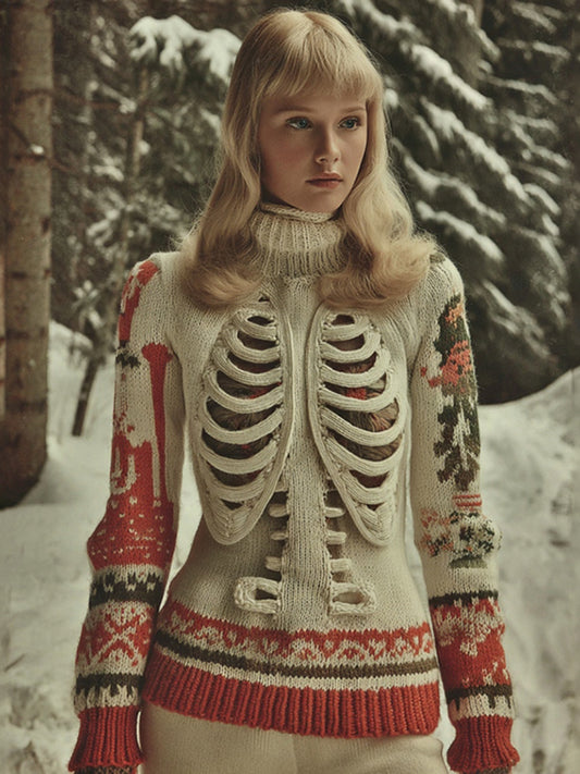 Women's Vintage Tribal Skeleton Art Cozy High Neck Sweater