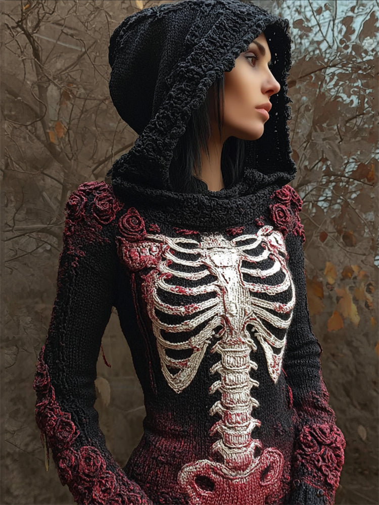 Vintage Bloody Roses Skeleton Gradient Cozy Knit Hooded Sweater