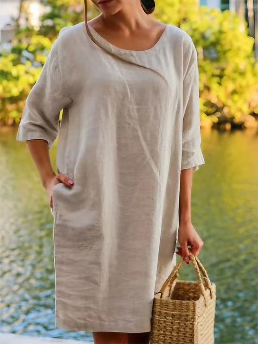 Cotton And Linen Round Neck Solid Color Quarter Sleeved Loose Dress