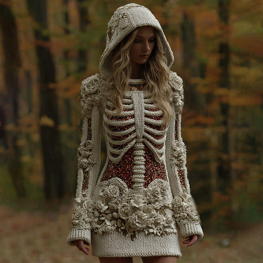 Women's Vintage Halloween Skull Floral Knit Hooded Sweater Mini Dress