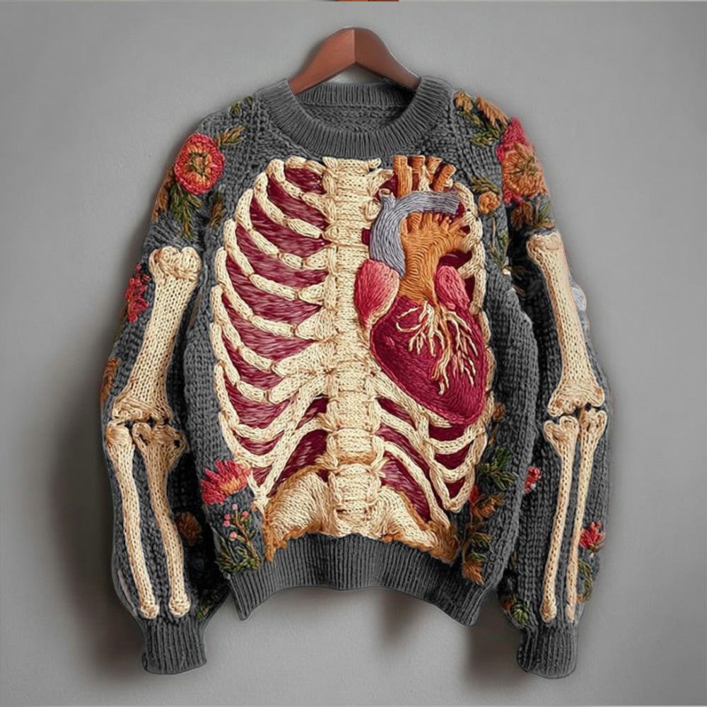 Vintage Halloween Human Anatomy Art And Floral Round Neck Sweater