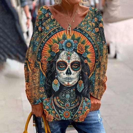 Classy Mexican Sugar La Catrina Day Of The Dead Inspired Pattern Art Printed V-Neck T-Shirt