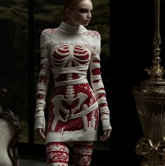 Women's Halloween Line Art Bandage Design Round Neck Knit Sweater Dress