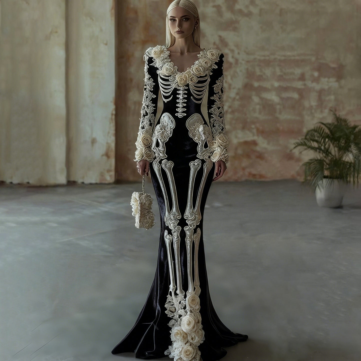 Women's Vintage Halloween Skull Rose Art Velvet V Neck Maxi Dress