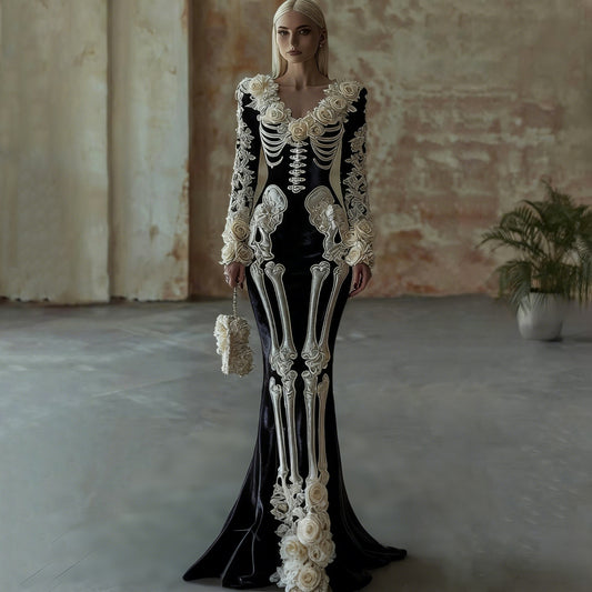 Women's Vintage Halloween Skull Rose Art Velvet V Neck Maxi Dress