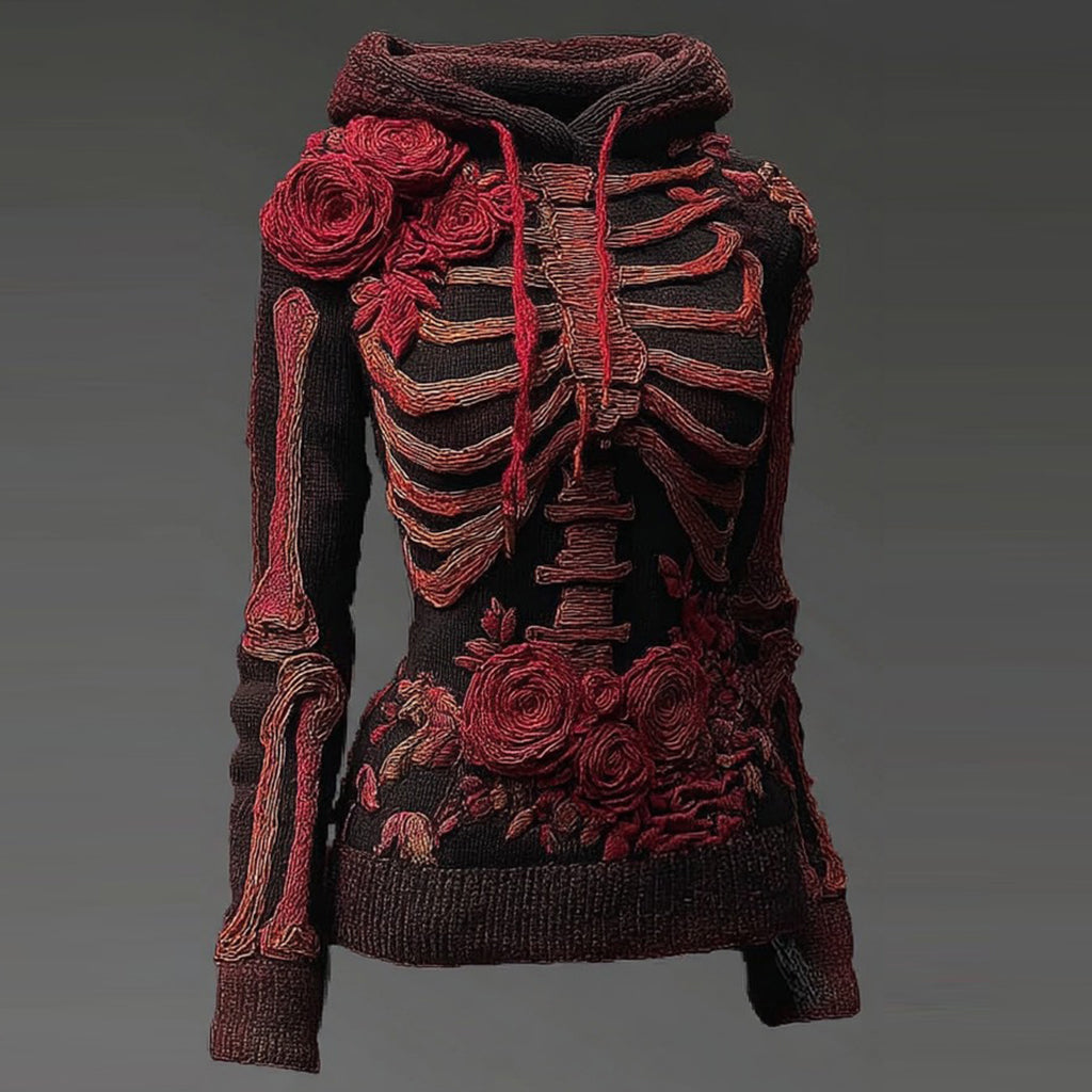 Vintage Halloween Anatomy And Rose Art Knit Hooded Sweater
