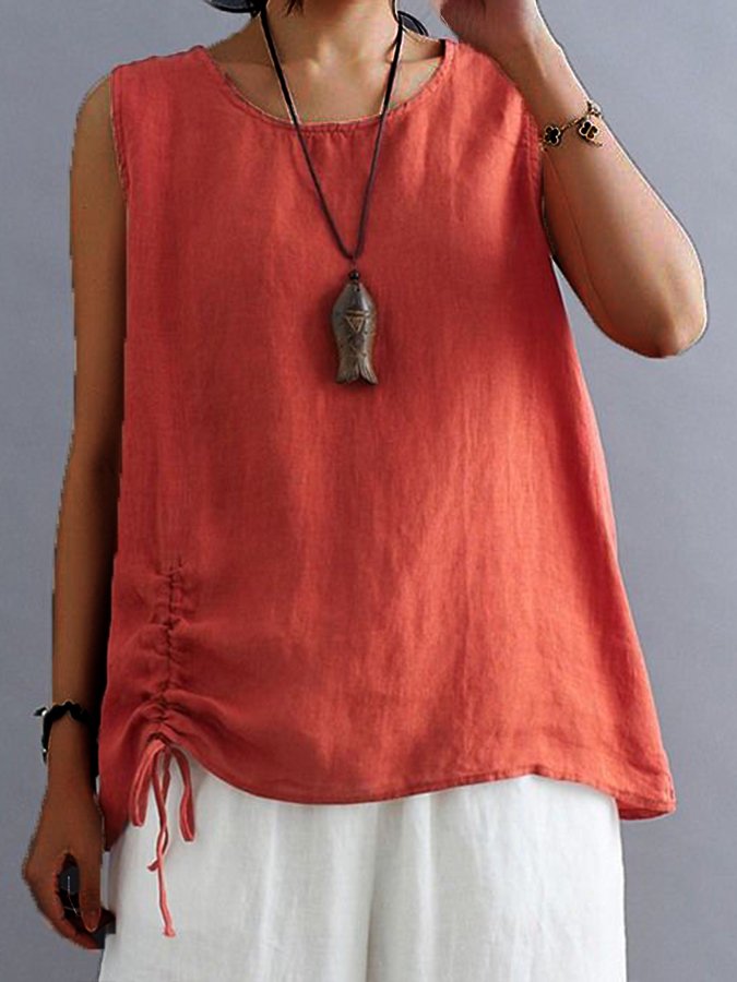 Airrys™ Women's Cotton Hemp Drawstring Solid Color Casual T-shirt