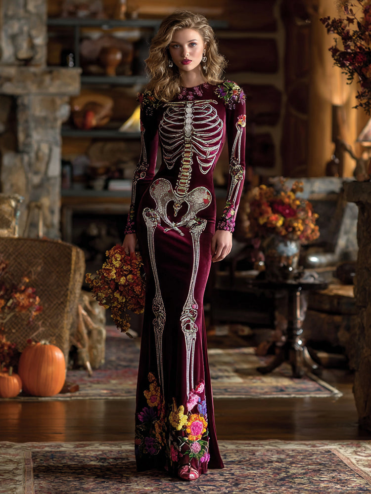 Retro Mexican Day Of The Dead Skeleton Bones Embroidery Flowers Cozy Velvet Maxi Dress