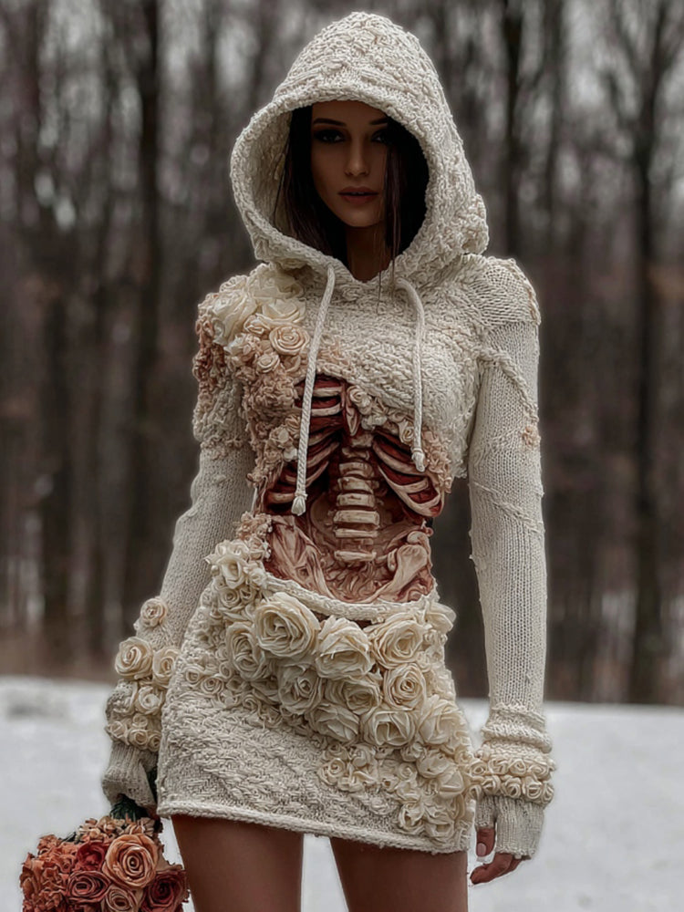 Women's Vintage Skeleton & White Floral Art Cozy Sweater Hooded Dress