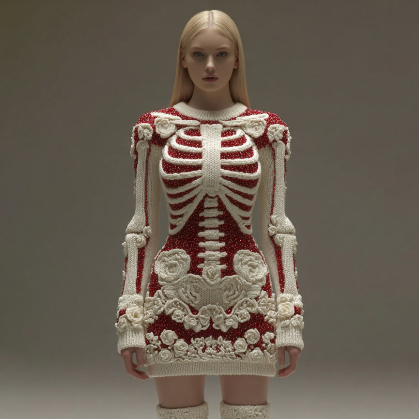 Women's Vintage Halloween Skeleton Bones Rose Art Cozy Knit Mini Sweater Dress