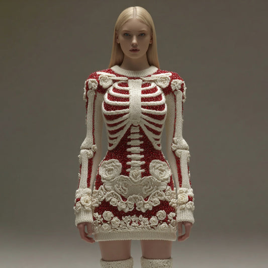 Women's Vintage Halloween Skeleton Bones Rose Art Cozy Knit Mini Sweater Dress