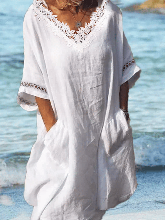 Women's Lace Hollow V Neck Beach Cotton Linen Dress