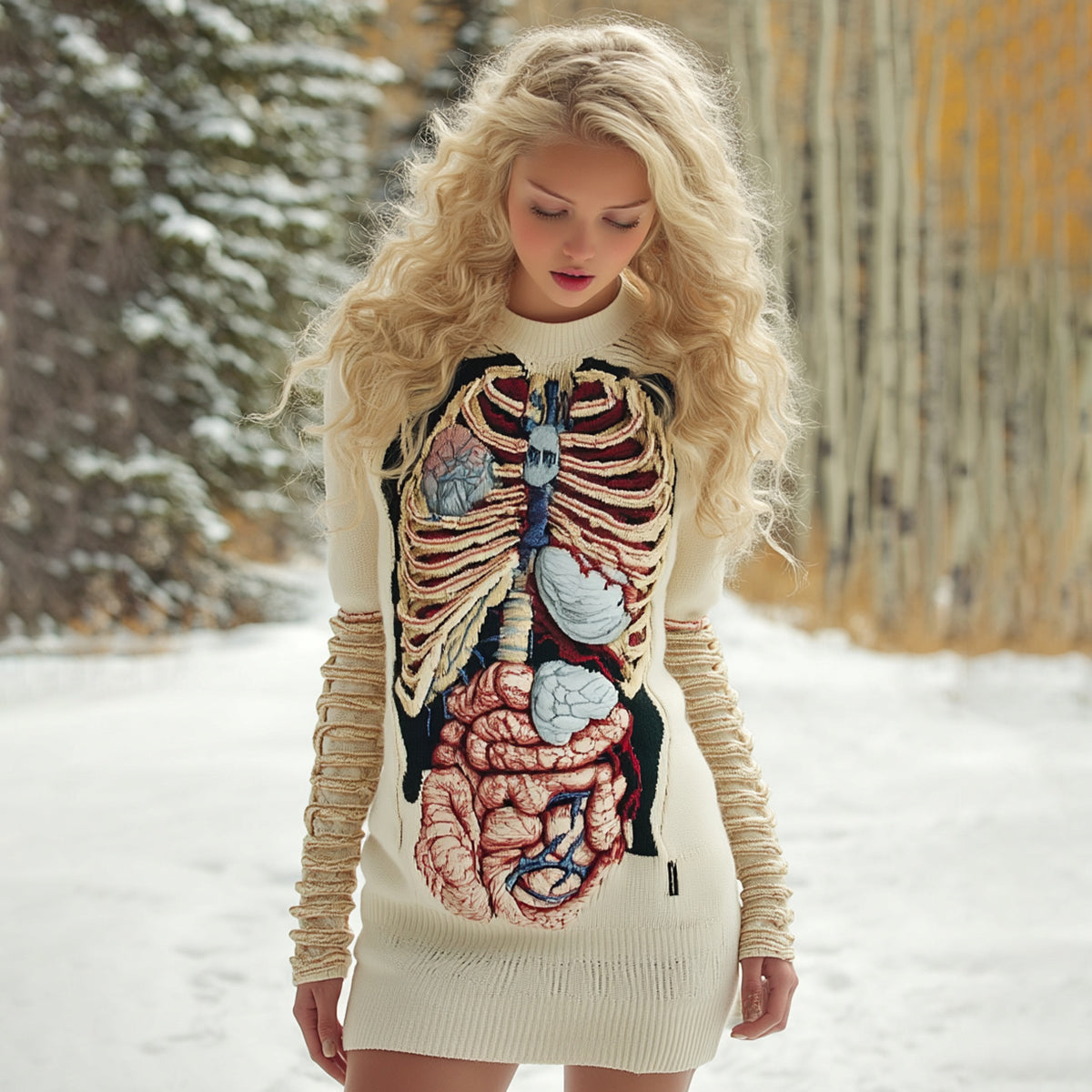 Women's Vintage Halloween Anatomy Art Cozy Knit Mini Sweater Dress