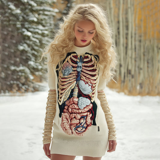 Women's Vintage Halloween Anatomy Art Cozy Knit Mini Sweater Dress