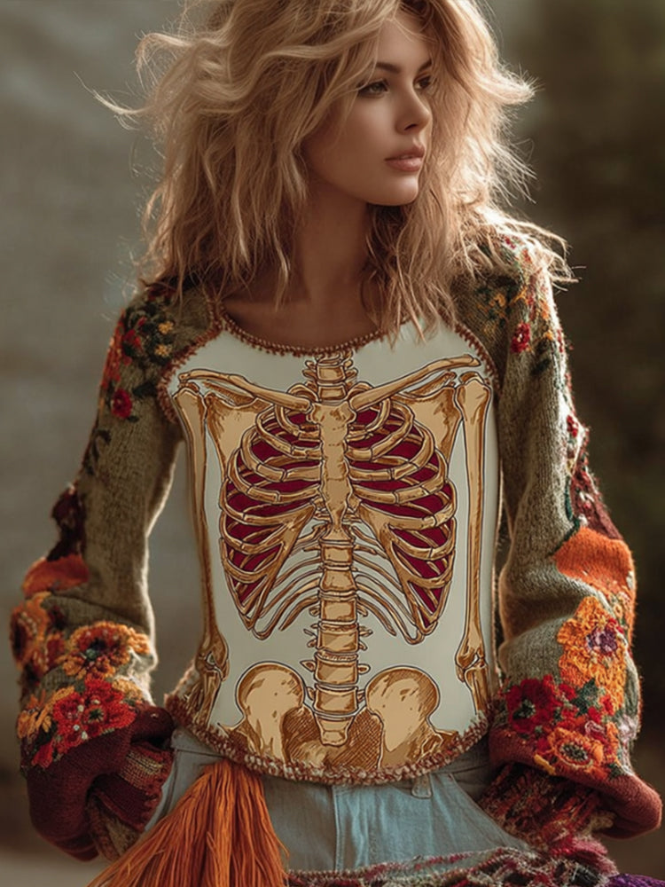 Women's Halloween Anatomy Art And Flower Colored Round Neck Sweater