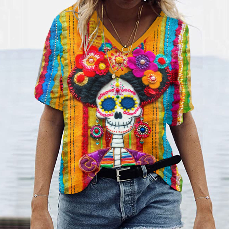Classic Mexican Sugar Skeleton Catrina Day Of The Dead Inspired Painting V-Neck T-Shirt