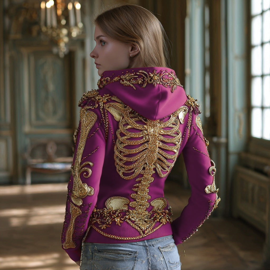 Women's Gothic Skull And Floral Embroidered Hoodie