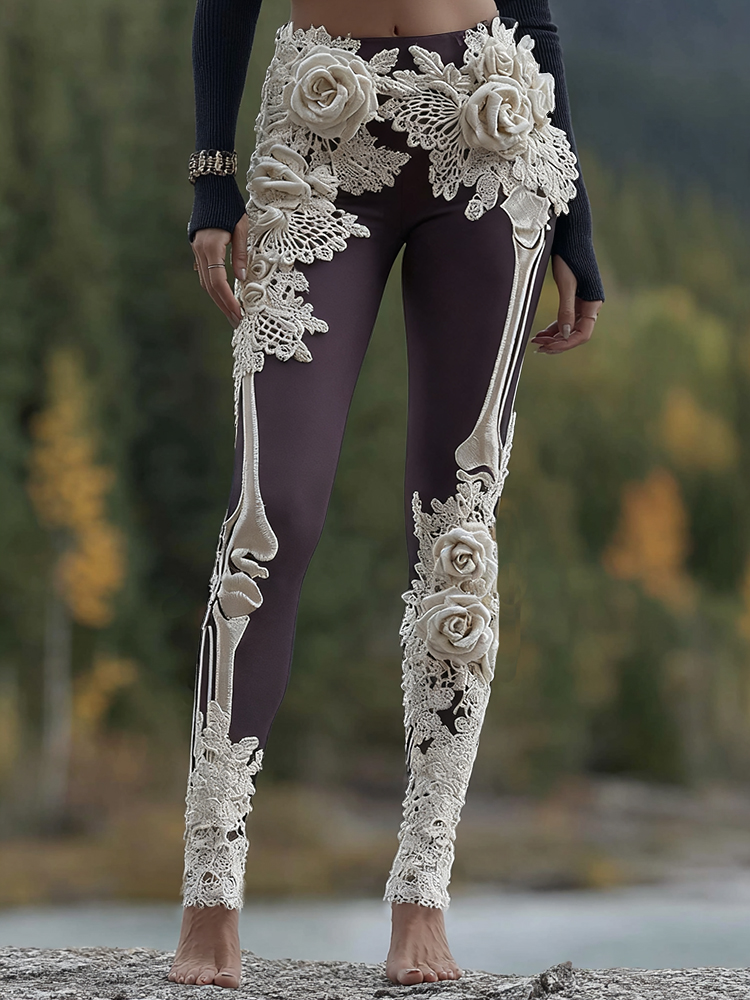 Vintage Halloween Skeleton Bones With Rose Art Cozy Knit Leggings