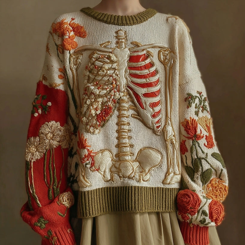 Vintage Halloween Anatomy And Red Heart Floral Art Chunky Knitted Sweater