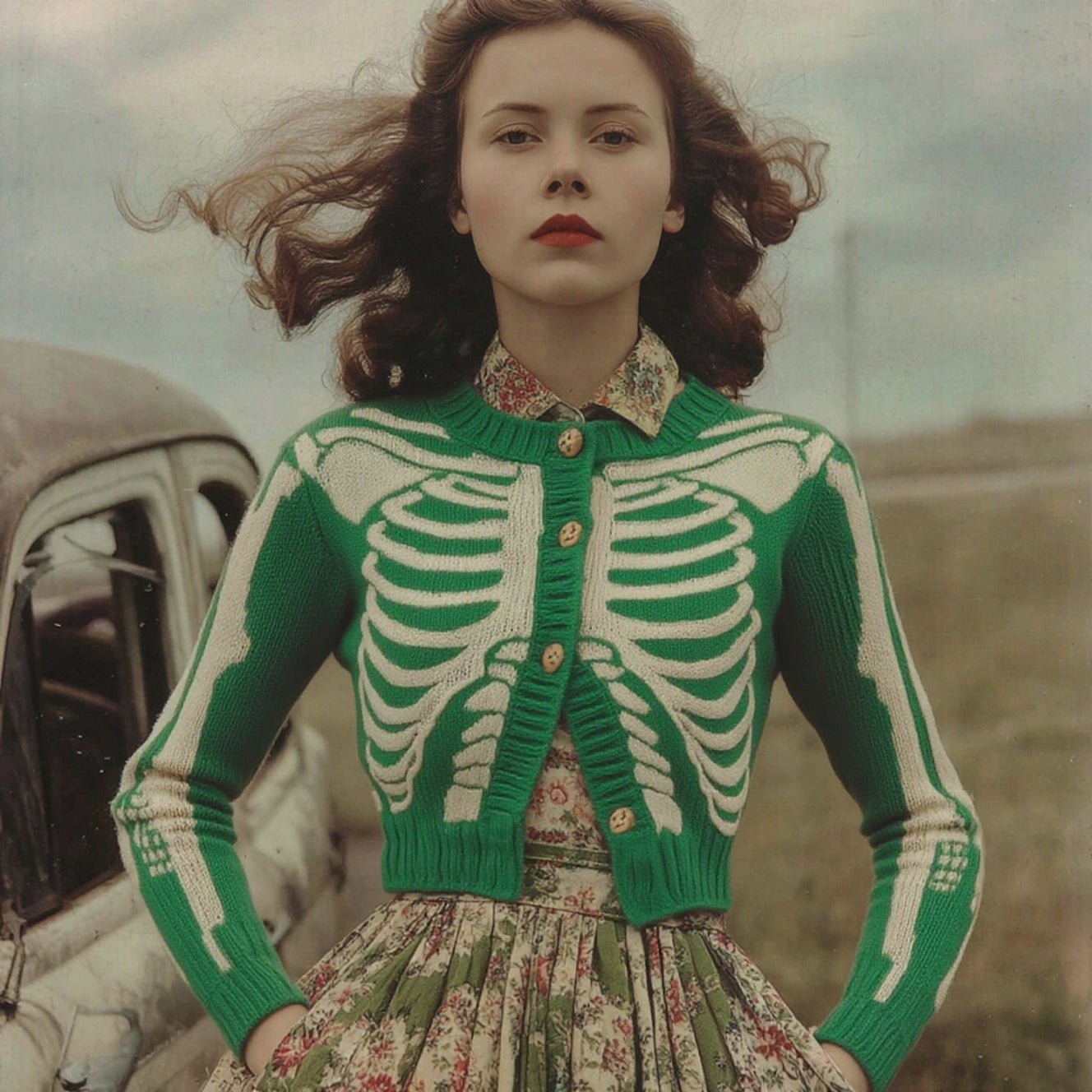 Women's Vintage Skull Ribs Pattern Cozy Knit Sweater Cardigan