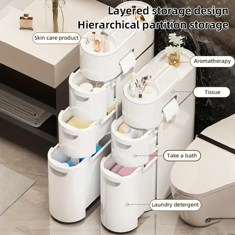 White storage cabinet with closed doors - multipurpose storage box with space-saving vertical design